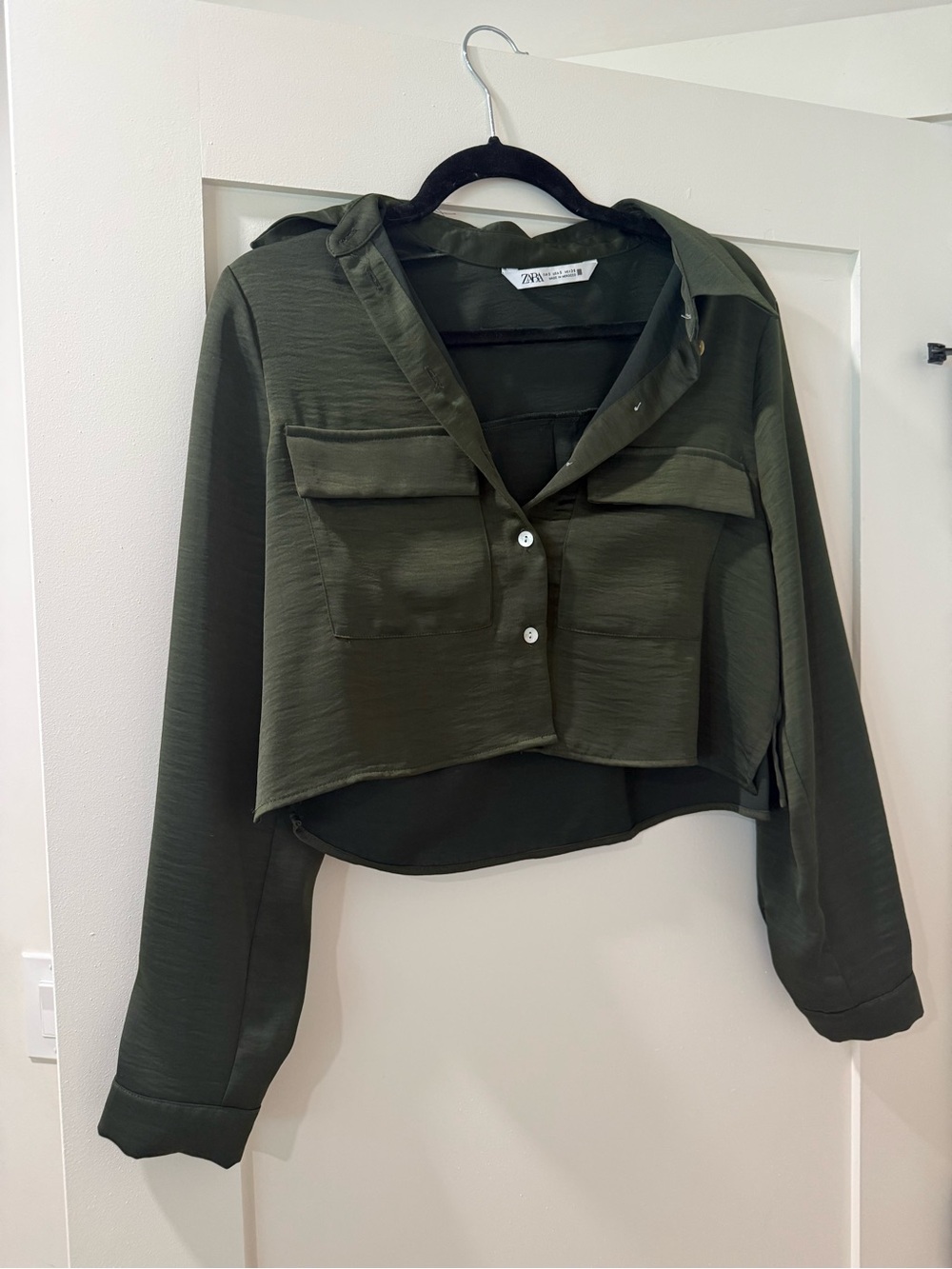 Zara Olive Green satin Cropped Button down blouse